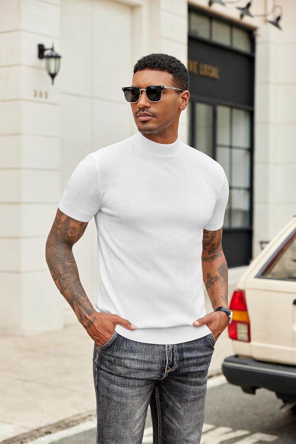 imageCOOFANDY Mens Mock Turtleneck Sweater Short Sleeve Casual Basic Tops Ribbed Knit Pullover Solid TeePat2 Striped White