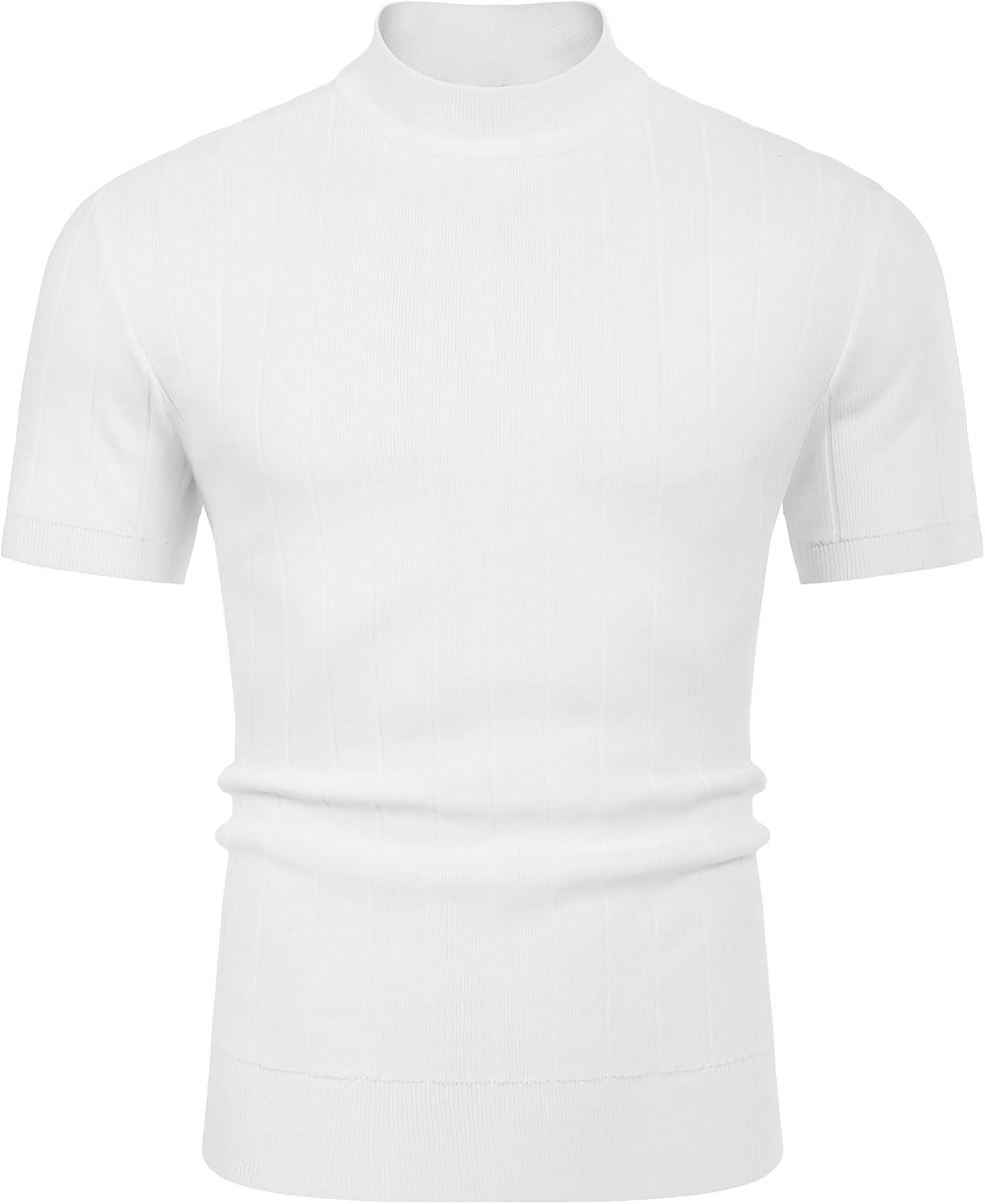 imageCOOFANDY Mens Mock Turtleneck Sweater Short Sleeve Casual Basic Tops Ribbed Knit Pullover Solid TeePat2 Striped White