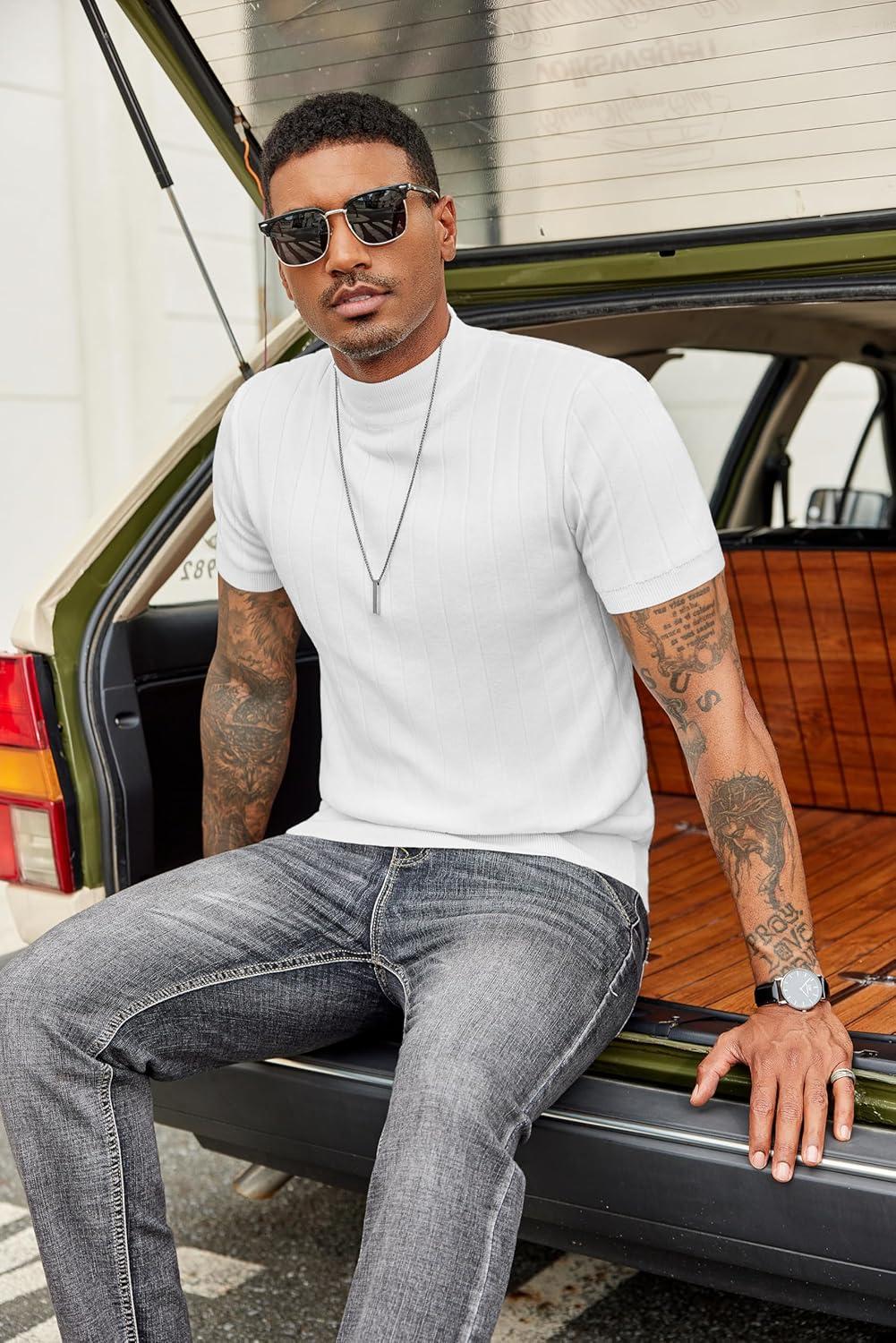 imageCOOFANDY Mens Mock Turtleneck Sweater Short Sleeve Casual Basic Tops Ribbed Knit Pullover Solid TeePat2 Striped White