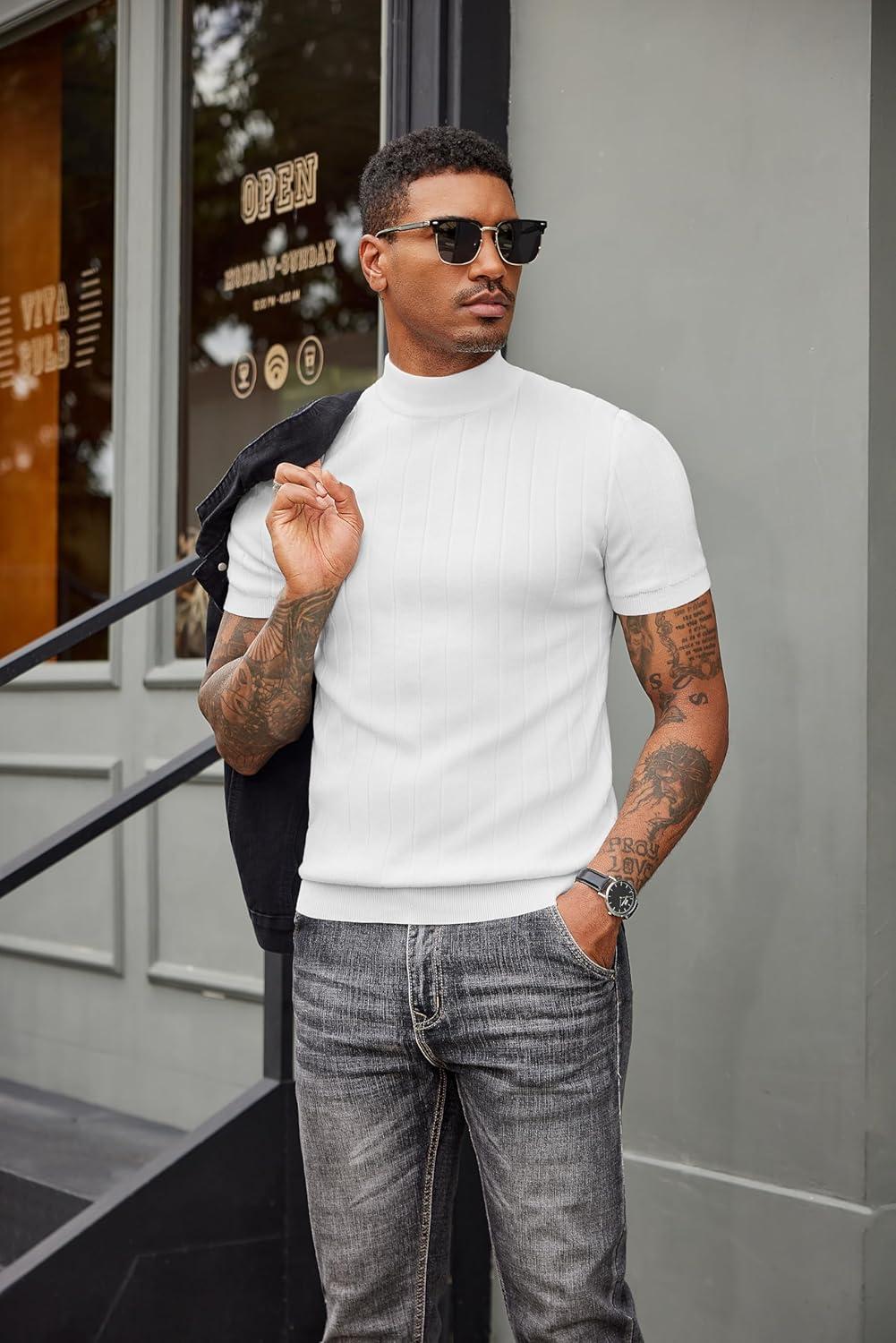 imageCOOFANDY Mens Mock Turtleneck Sweater Short Sleeve Casual Basic Tops Ribbed Knit Pullover Solid TeePat2 Striped White