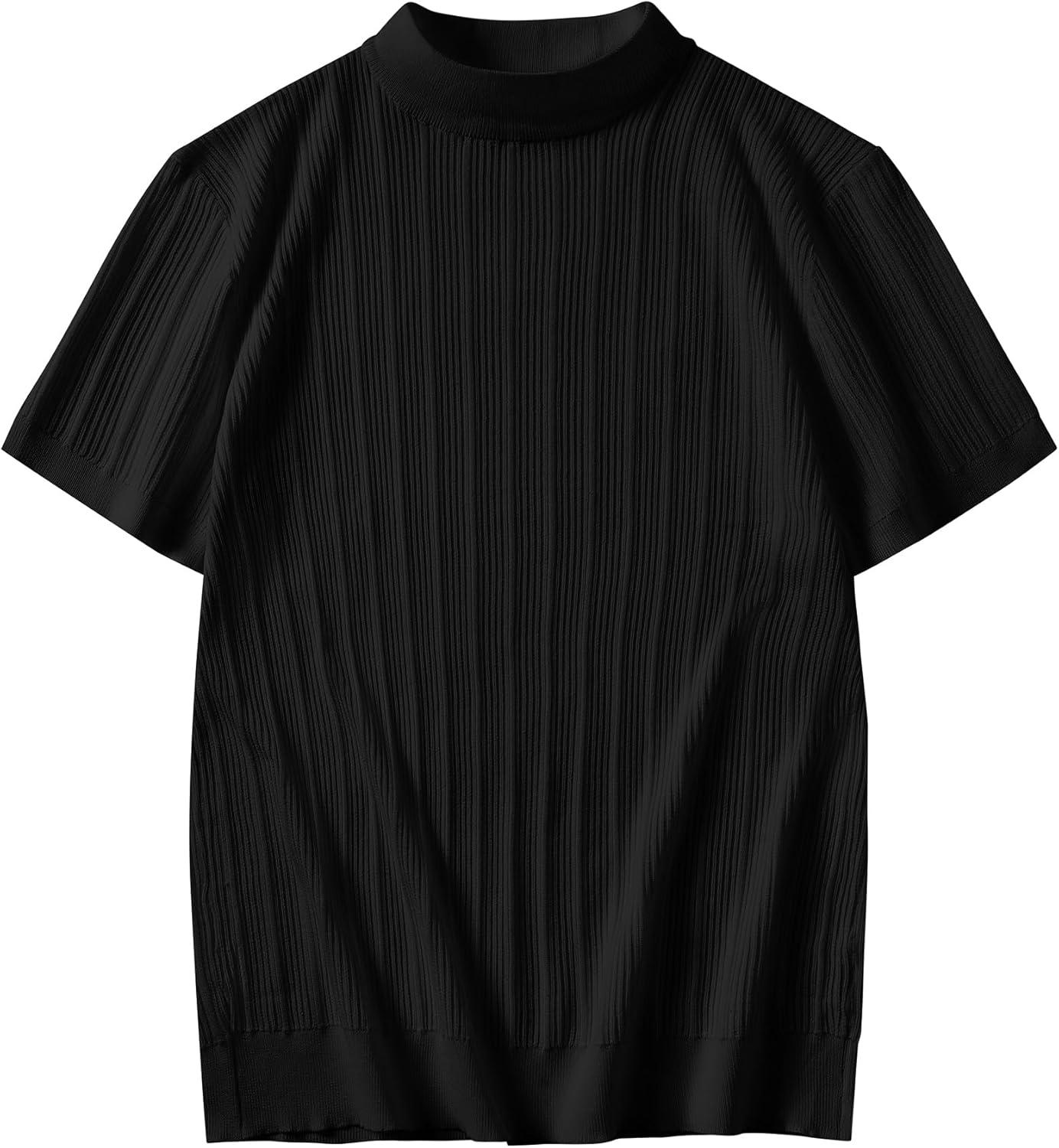imageCOOFANDY Mens Mock Turtleneck Sweater Short Sleeve Casual Basic Tops Ribbed Knit Pullover Solid TeePat4 Black Striped