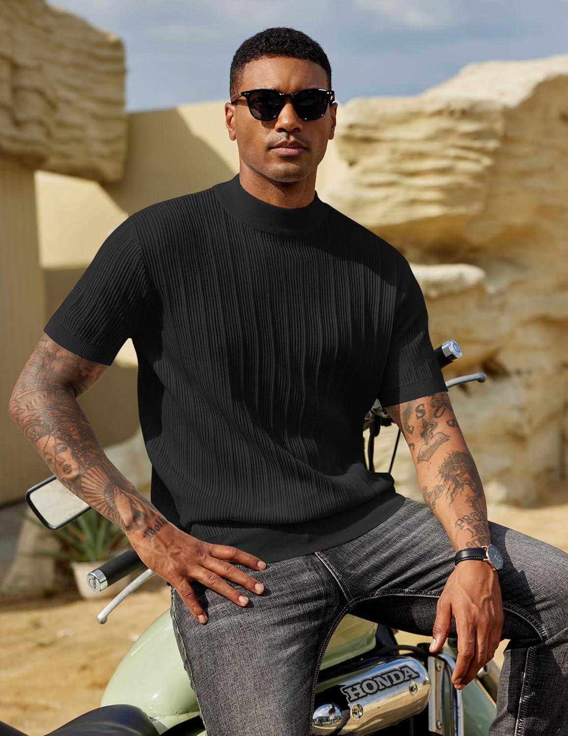 imageCOOFANDY Mens Mock Turtleneck Sweater Short Sleeve Casual Basic Tops Ribbed Knit Pullover Solid TeePat4 Black Striped