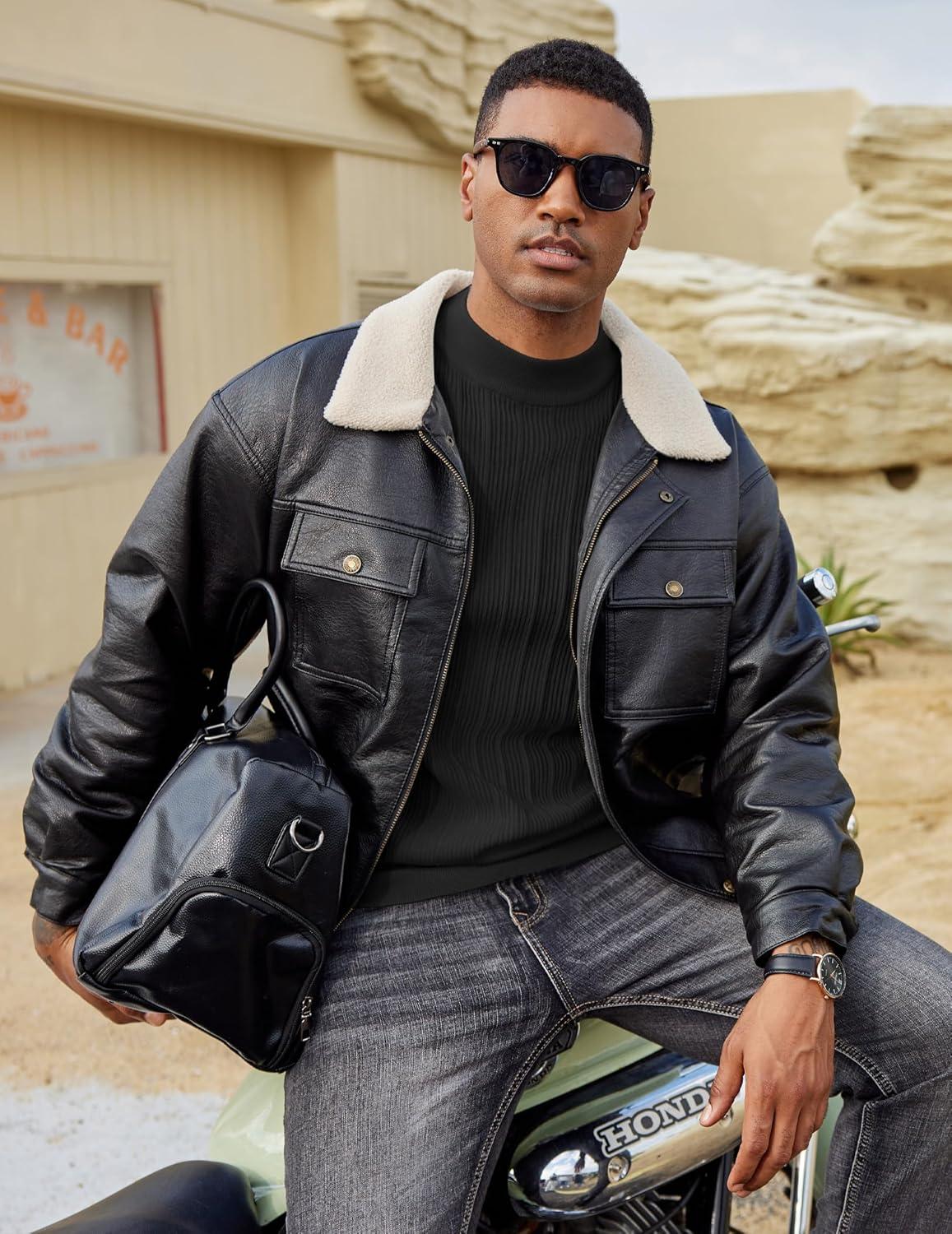 imageCOOFANDY Mens Mock Turtleneck Sweater Short Sleeve Casual Basic Tops Ribbed Knit Pullover Solid TeePat4 Black Striped