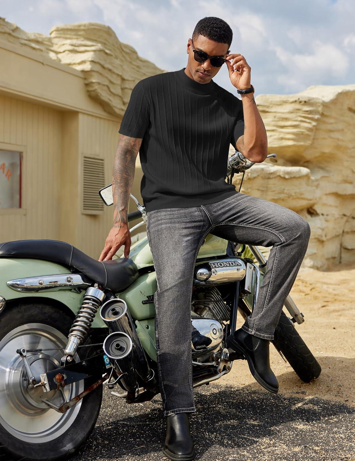 imageCOOFANDY Mens Mock Turtleneck Sweater Short Sleeve Casual Basic Tops Ribbed Knit Pullover Solid TeePat4 Black Striped