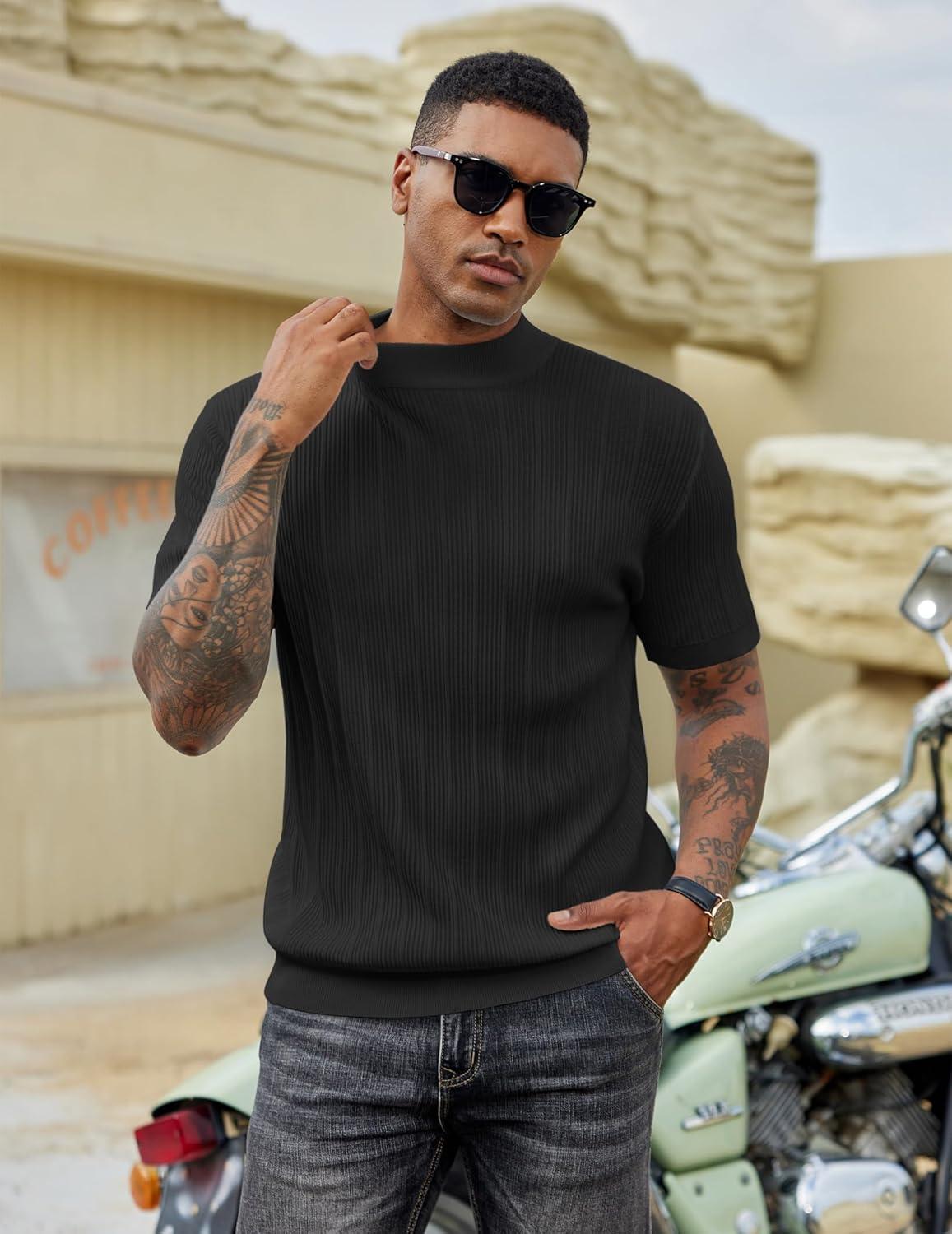 imageCOOFANDY Mens Mock Turtleneck Sweater Short Sleeve Casual Basic Tops Ribbed Knit Pullover Solid TeePat4 Black Striped