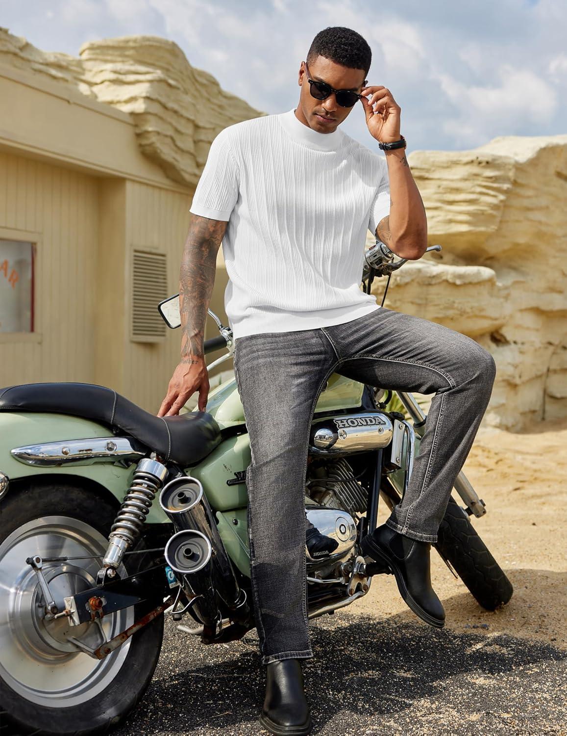 imageCOOFANDY Mens Mock Turtleneck Sweater Short Sleeve Casual Basic Tops Ribbed Knit Pullover Solid TeePat5 White Striped