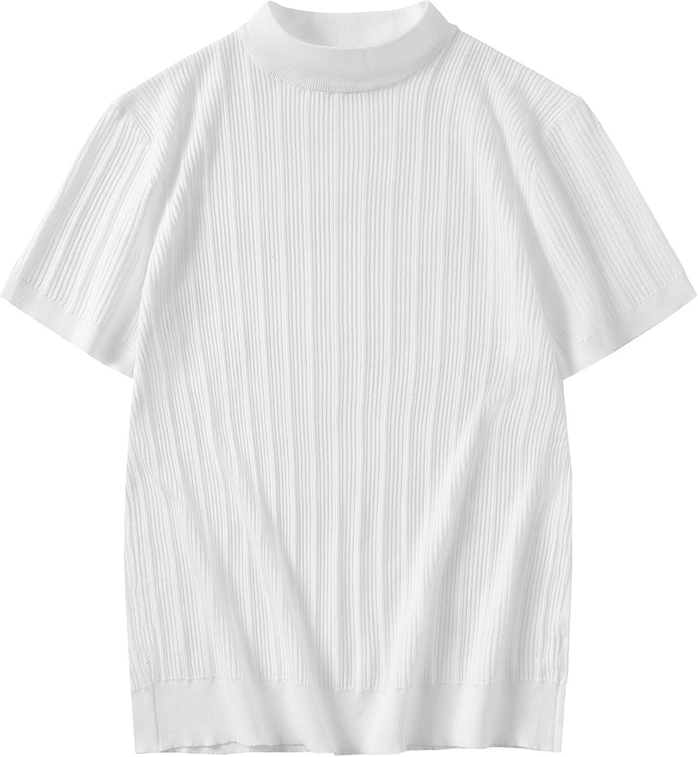 imageCOOFANDY Mens Mock Turtleneck Sweater Short Sleeve Casual Basic Tops Ribbed Knit Pullover Solid TeePat5 White Striped