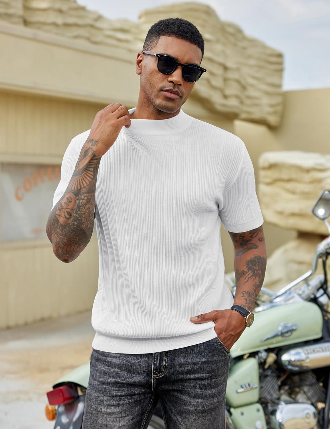 imageCOOFANDY Mens Mock Turtleneck Sweater Short Sleeve Casual Basic Tops Ribbed Knit Pullover Solid TeePat5 White Striped