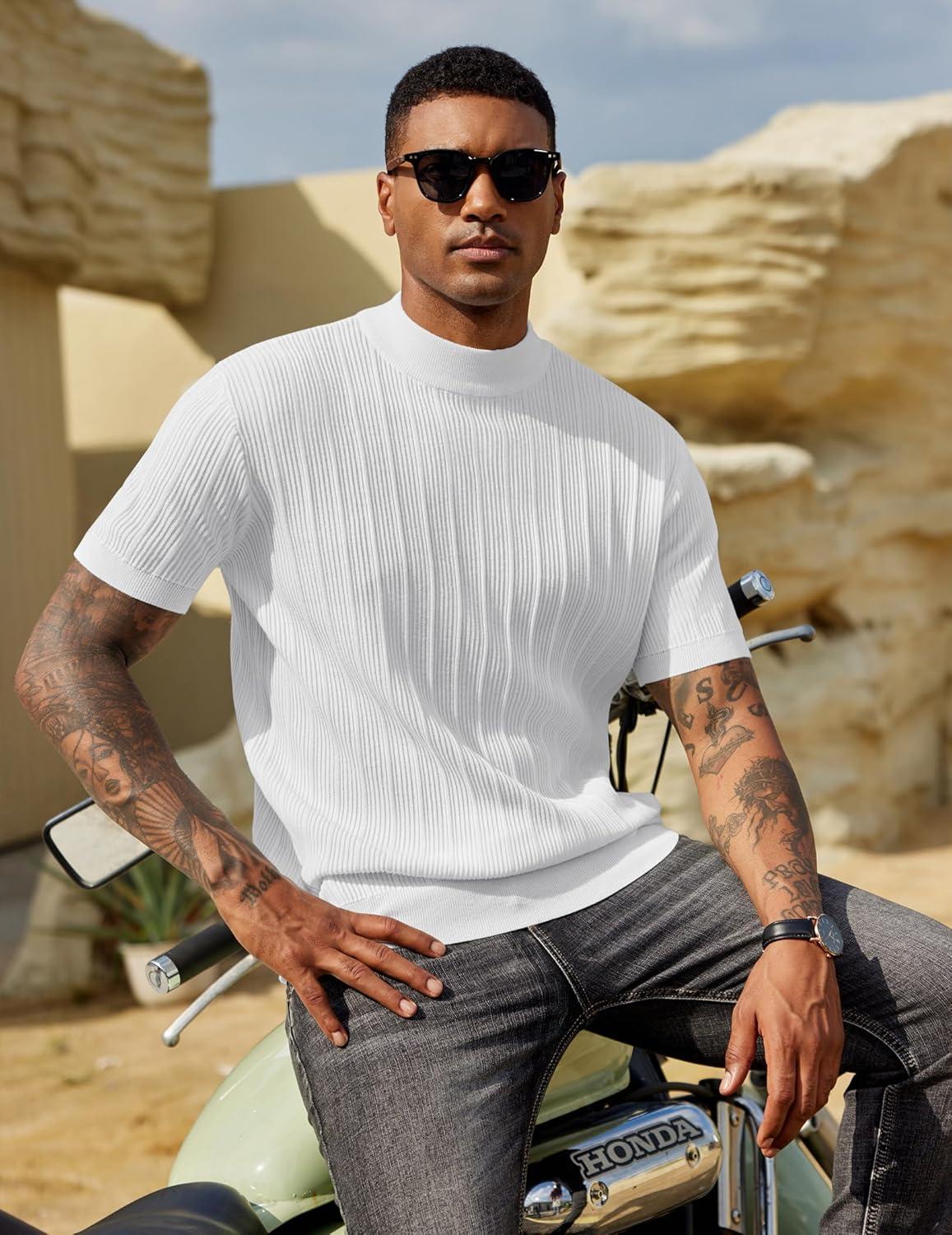 imageCOOFANDY Mens Mock Turtleneck Sweater Short Sleeve Casual Basic Tops Ribbed Knit Pullover Solid TeePat5 White Striped