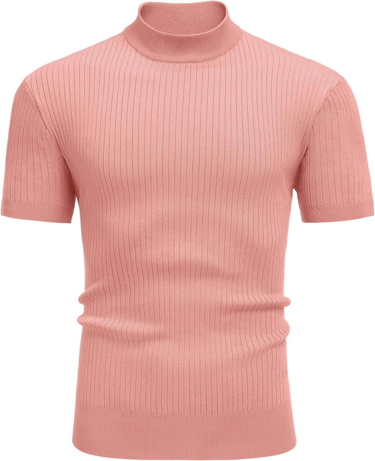 imageCOOFANDY Mens Mock Turtleneck Sweater Short Sleeve Casual Basic Tops Ribbed Knit Pullover Solid TeePink