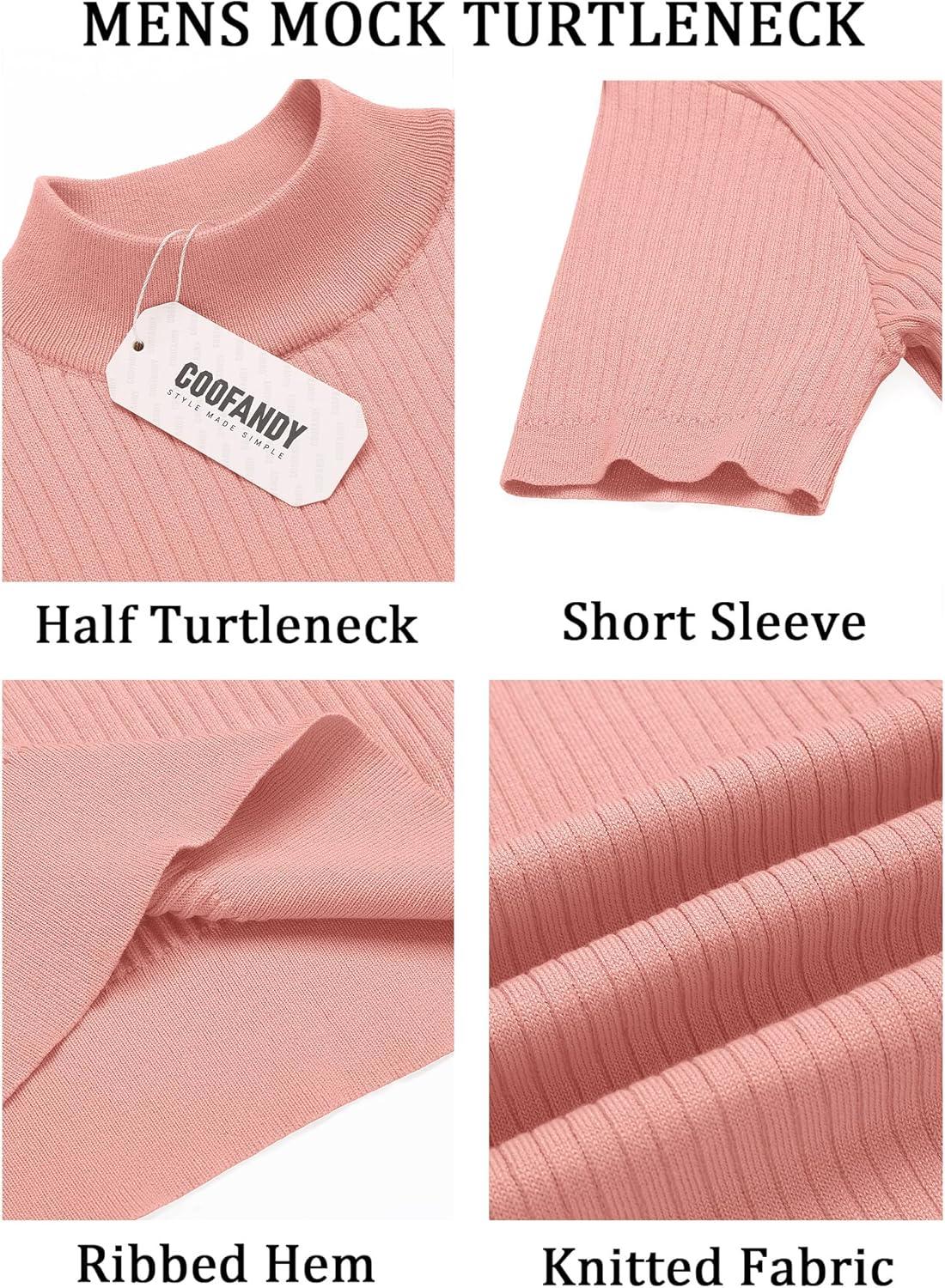 imageCOOFANDY Mens Mock Turtleneck Sweater Short Sleeve Casual Basic Tops Ribbed Knit Pullover Solid TeePink