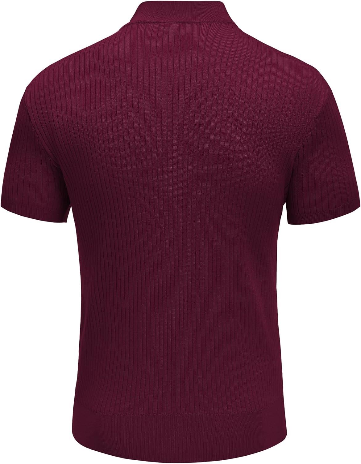 imageCOOFANDY Mens Mock Turtleneck Sweater Short Sleeve Casual Basic Tops Ribbed Knit Pullover Solid TeeWine Red
