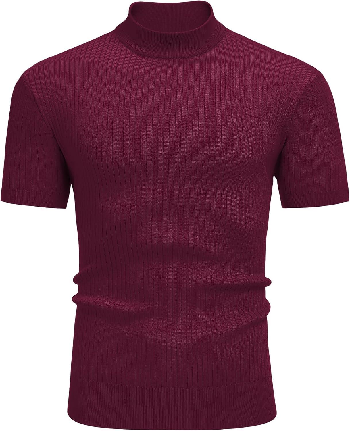 imageCOOFANDY Mens Mock Turtleneck Sweater Short Sleeve Casual Basic Tops Ribbed Knit Pullover Solid TeeWine Red