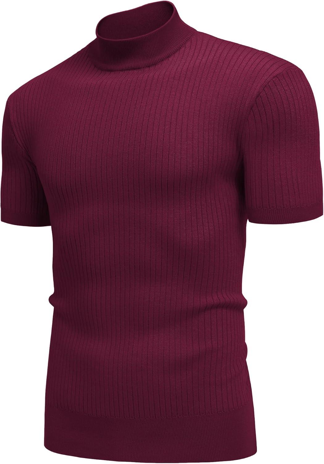 imageCOOFANDY Mens Mock Turtleneck Sweater Short Sleeve Casual Basic Tops Ribbed Knit Pullover Solid TeeWine Red