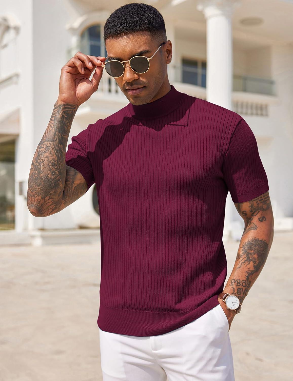 imageCOOFANDY Mens Mock Turtleneck Sweater Short Sleeve Casual Basic Tops Ribbed Knit Pullover Solid TeeWine Red