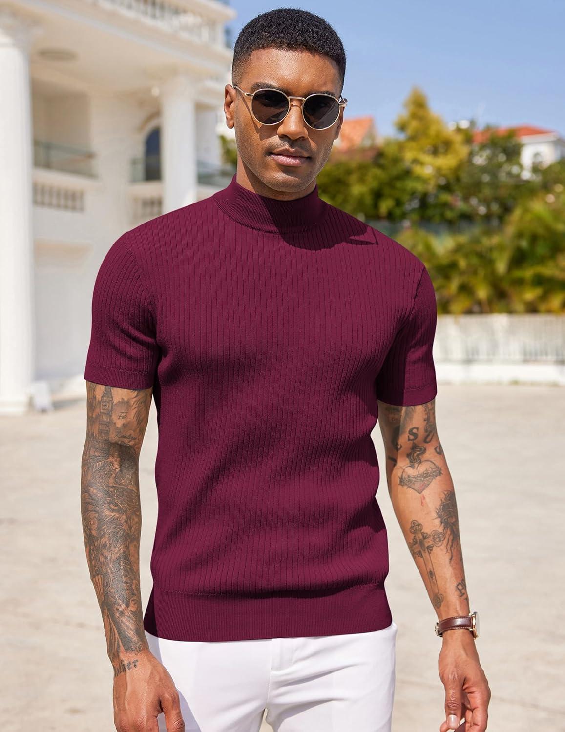 imageCOOFANDY Mens Mock Turtleneck Sweater Short Sleeve Casual Basic Tops Ribbed Knit Pullover Solid TeeWine Red