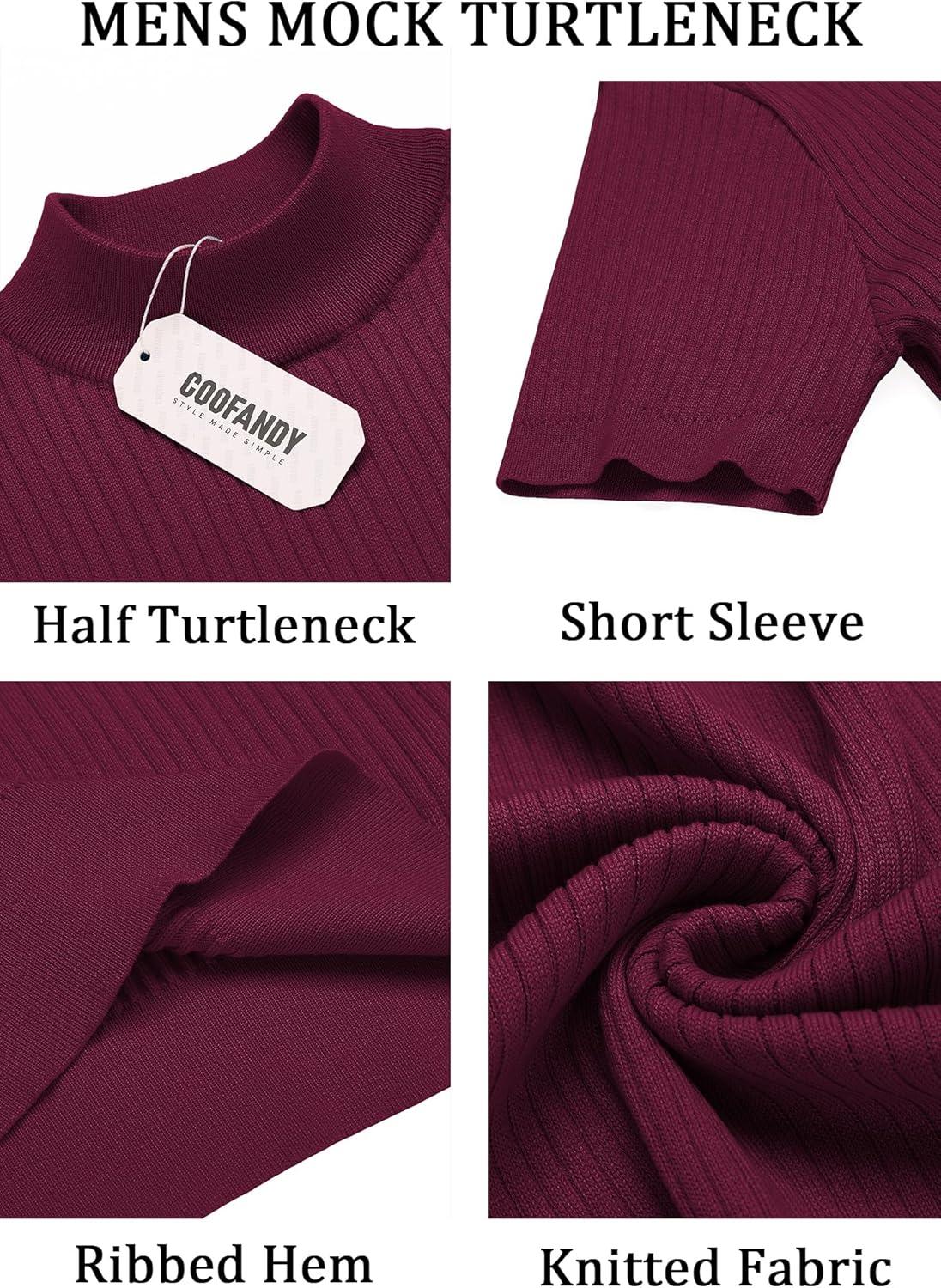 imageCOOFANDY Mens Mock Turtleneck Sweater Short Sleeve Casual Basic Tops Ribbed Knit Pullover Solid TeeWine Red