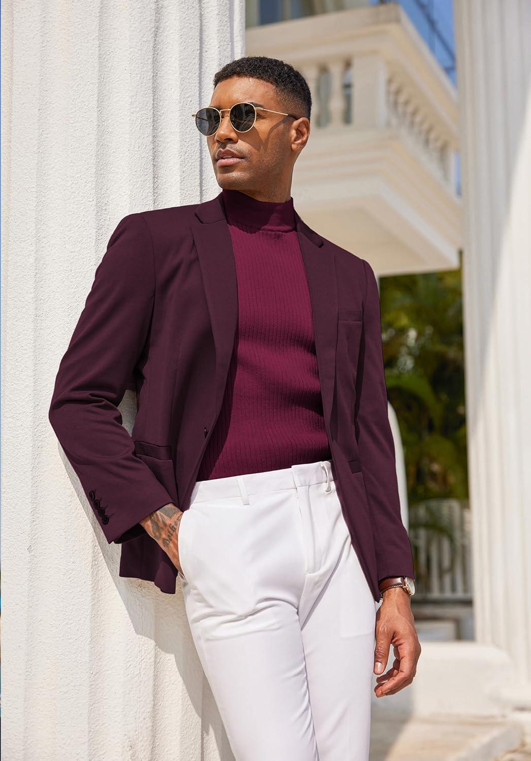 imageCOOFANDY Mens Mock Turtleneck Sweater Short Sleeve Casual Basic Tops Ribbed Knit Pullover Solid TeeWine Red