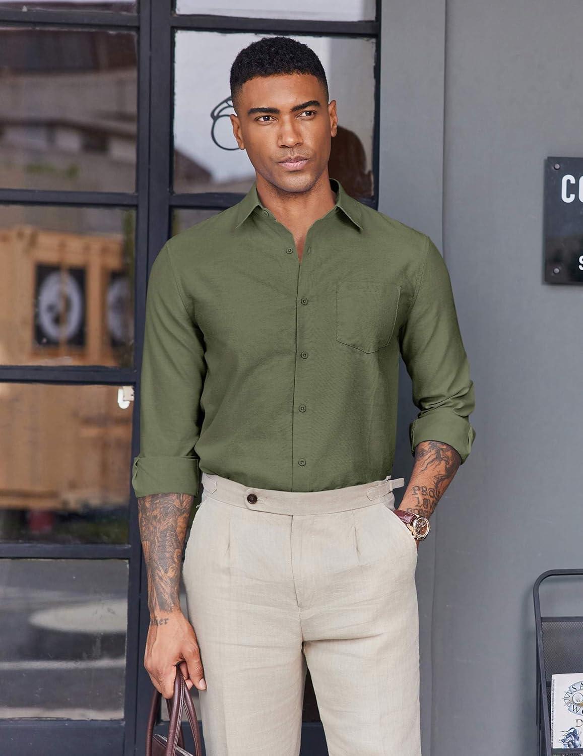 imageCOOFANDY Mens Oxford Shirt Long Sleeve Casual Button Down Shirts Soild Dress Shirts with PocketArmy Green