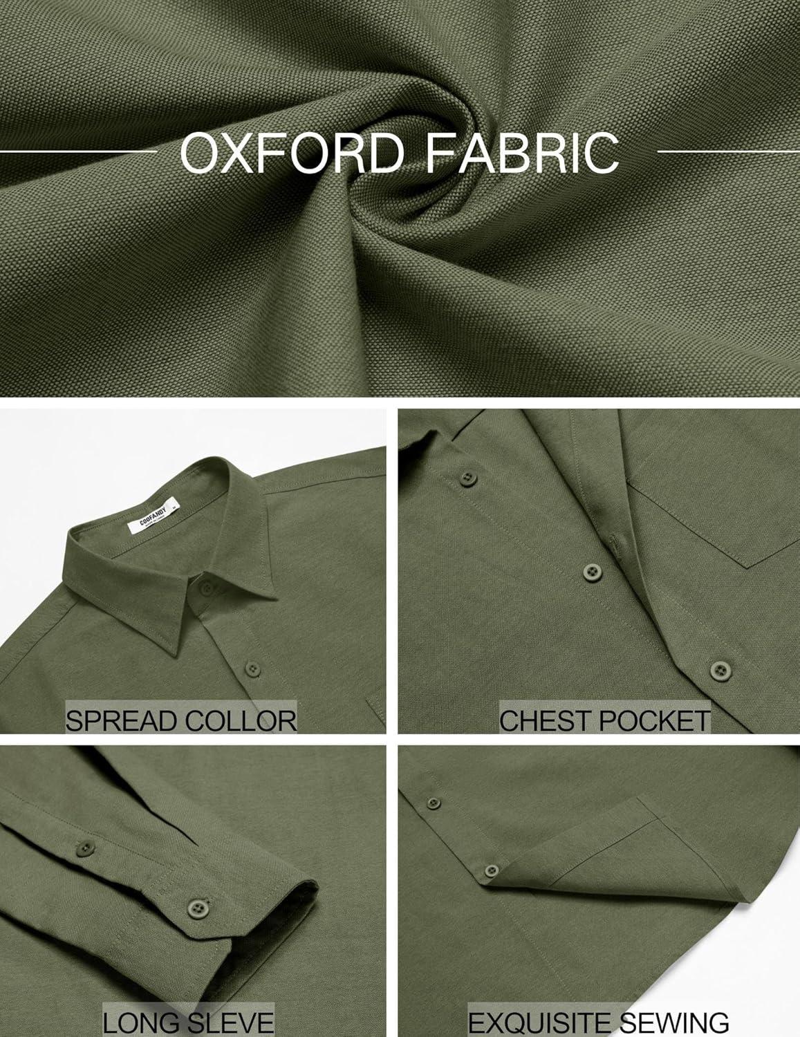 imageCOOFANDY Mens Oxford Shirt Long Sleeve Casual Button Down Shirts Soild Dress Shirts with PocketArmy Green