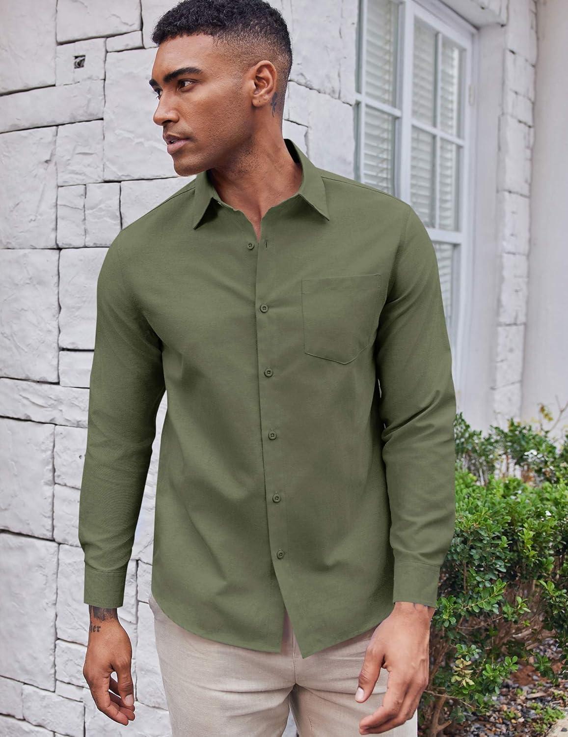 imageCOOFANDY Mens Oxford Shirt Long Sleeve Casual Button Down Shirts Soild Dress Shirts with PocketArmy Green