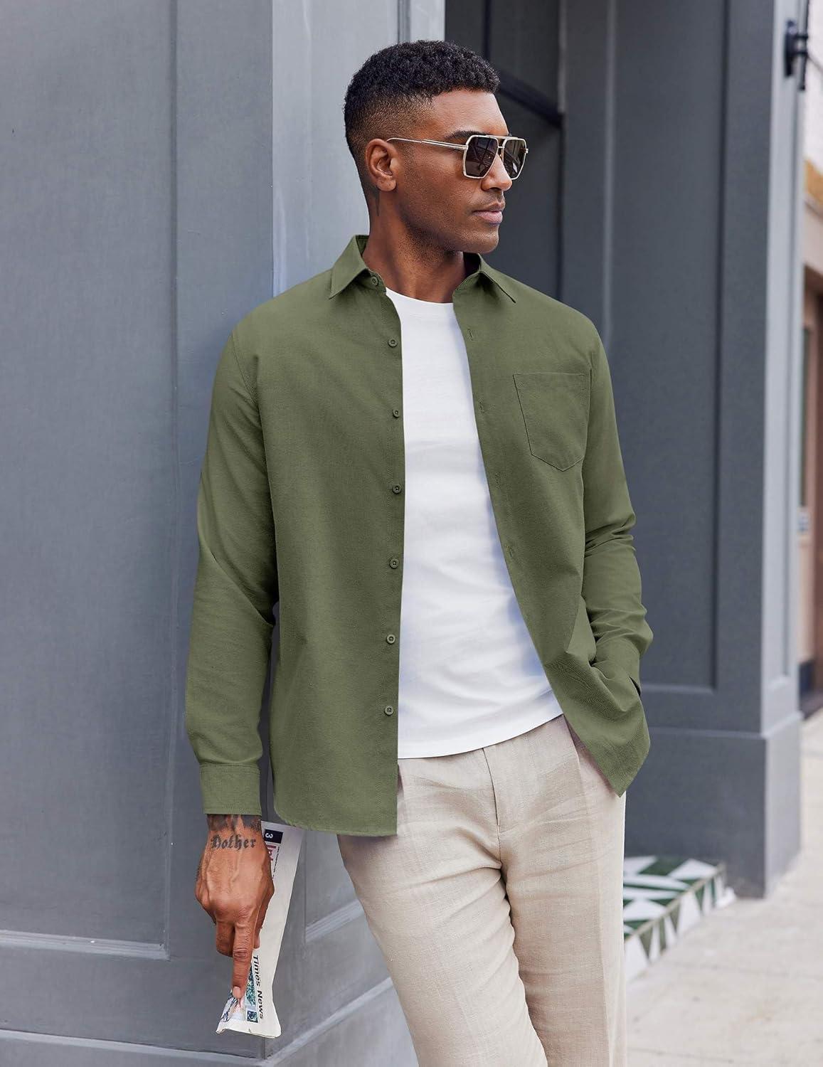 imageCOOFANDY Mens Oxford Shirt Long Sleeve Casual Button Down Shirts Soild Dress Shirts with PocketArmy Green