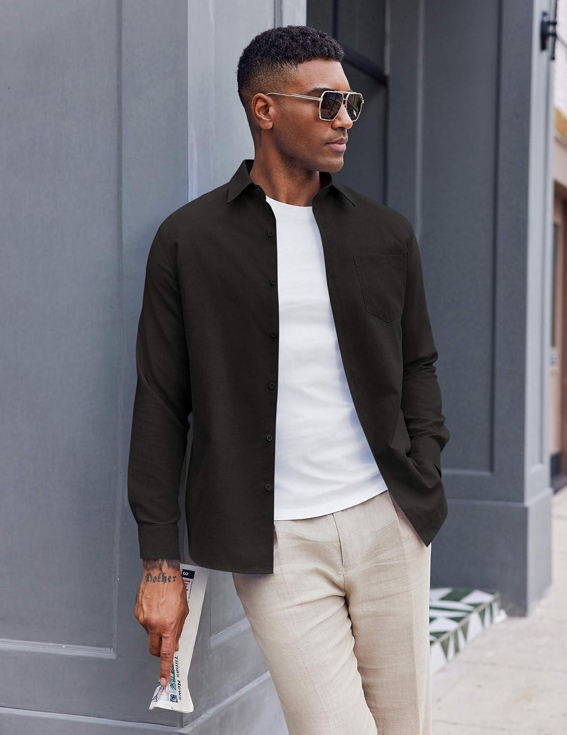 imageCOOFANDY Mens Oxford Shirt Long Sleeve Casual Button Down Shirts Soild Dress Shirts with PocketBlack