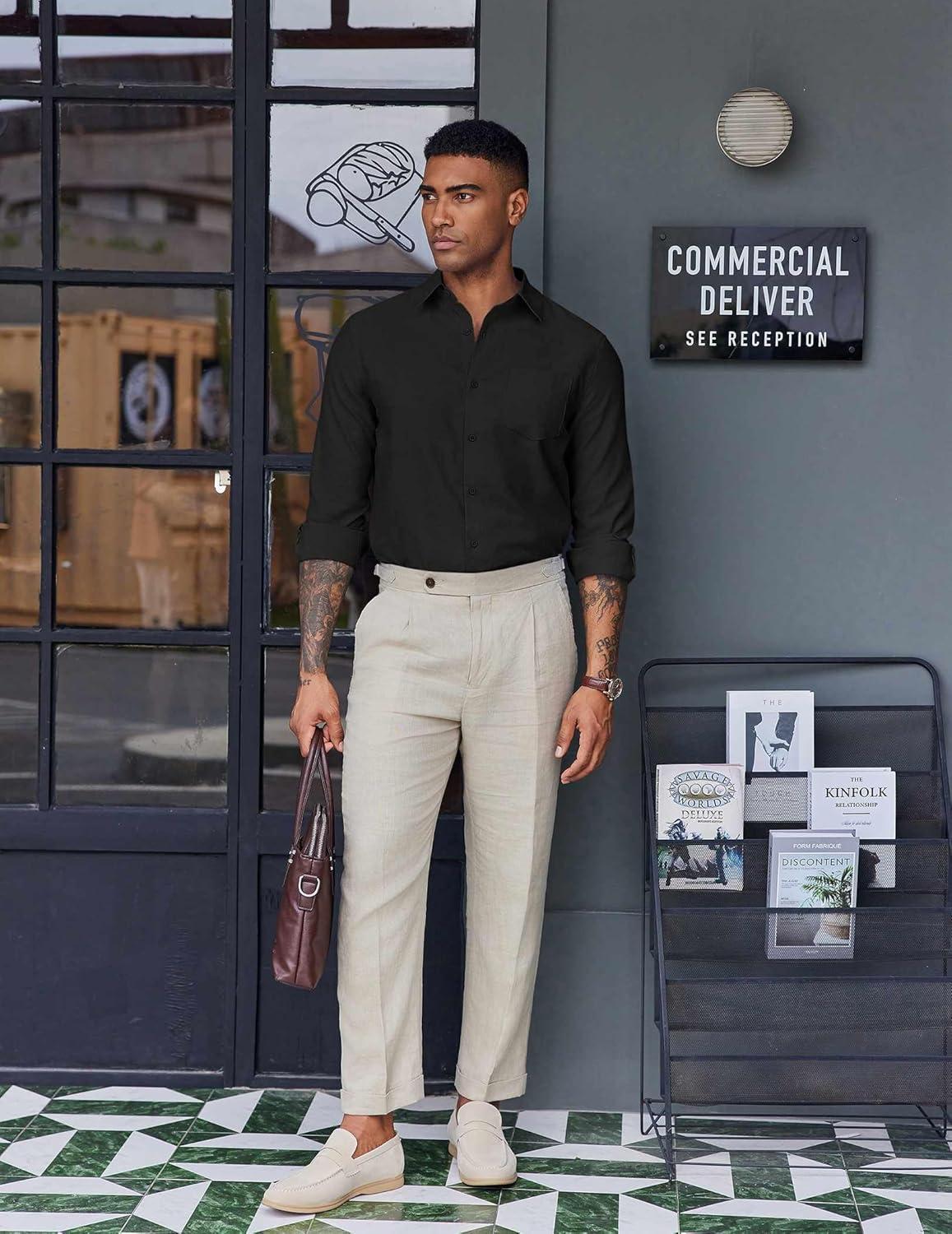 imageCOOFANDY Mens Oxford Shirt Long Sleeve Casual Button Down Shirts Soild Dress Shirts with PocketBlack