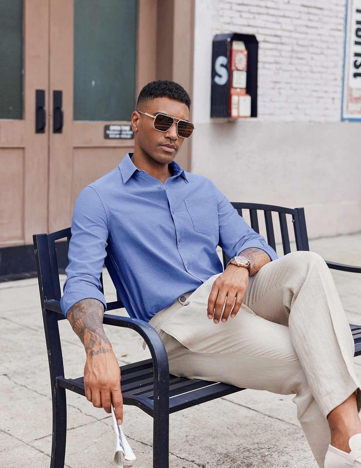 imageCOOFANDY Mens Oxford Shirt Long Sleeve Casual Button Down Shirts Soild Dress Shirts with PocketBlue