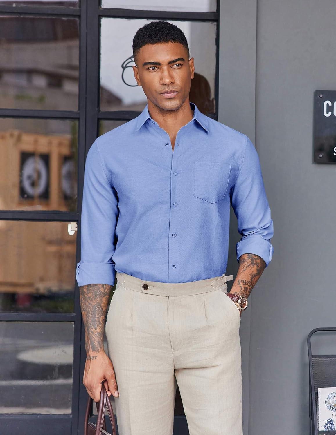 imageCOOFANDY Mens Oxford Shirt Long Sleeve Casual Button Down Shirts Soild Dress Shirts with PocketBlue