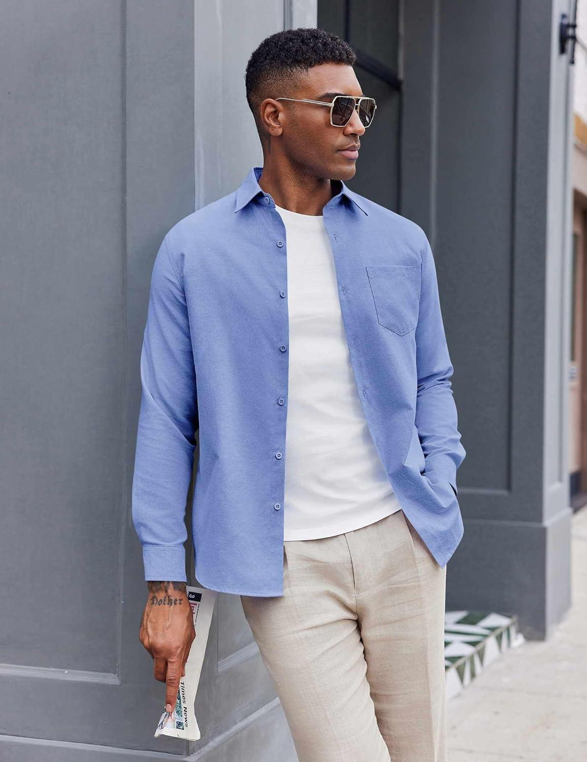 imageCOOFANDY Mens Oxford Shirt Long Sleeve Casual Button Down Shirts Soild Dress Shirts with PocketBlue