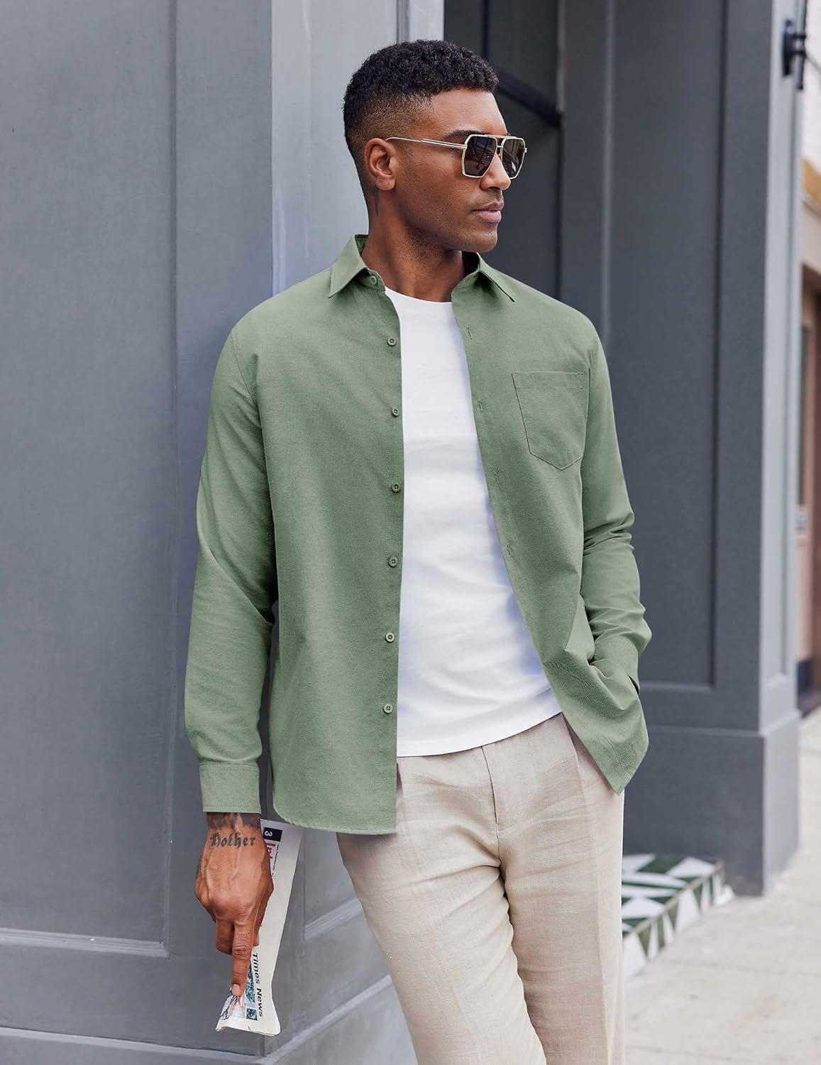 imageCOOFANDY Mens Oxford Shirt Long Sleeve Casual Button Down Shirts Soild Dress Shirts with PocketGreen