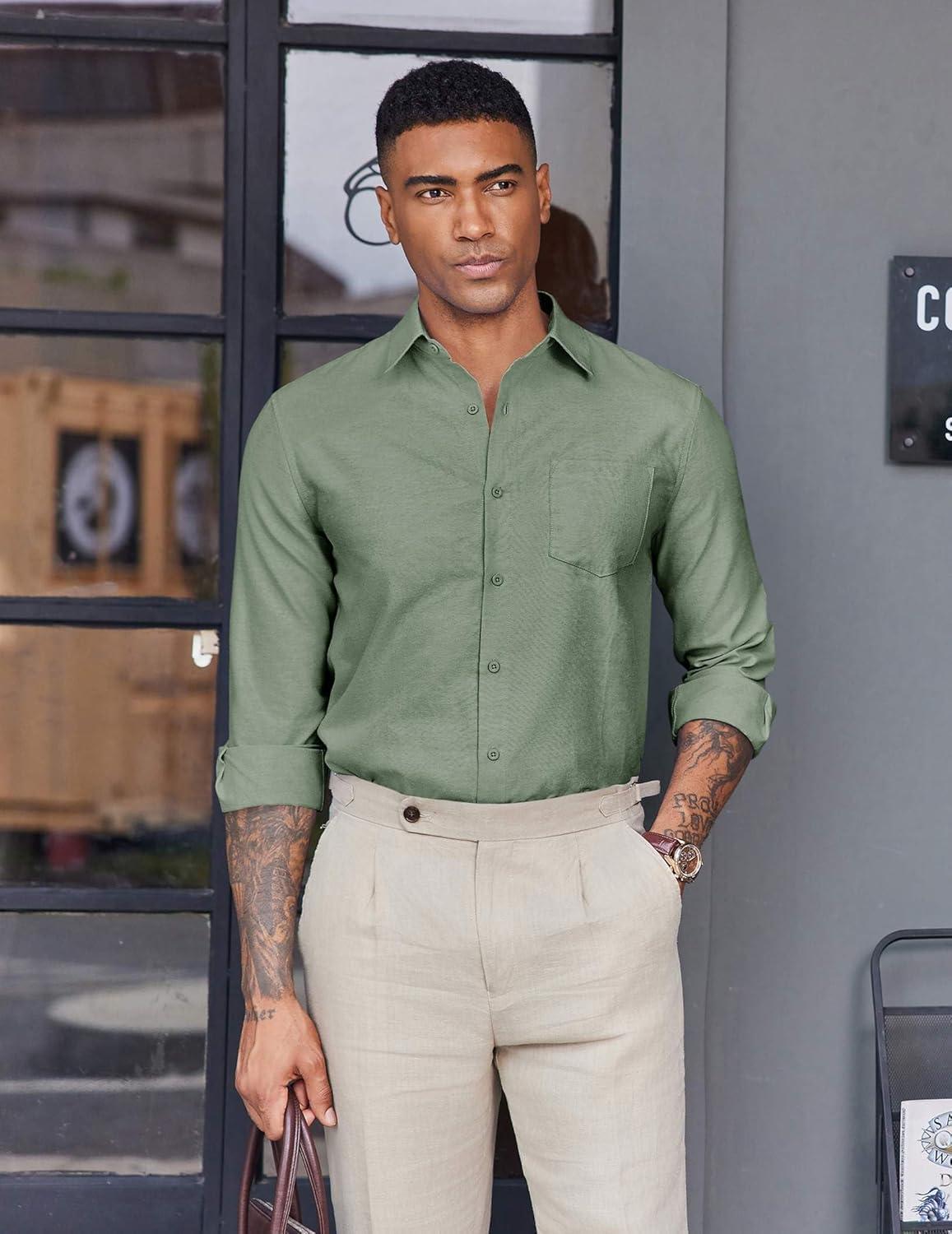 imageCOOFANDY Mens Oxford Shirt Long Sleeve Casual Button Down Shirts Soild Dress Shirts with PocketGreen