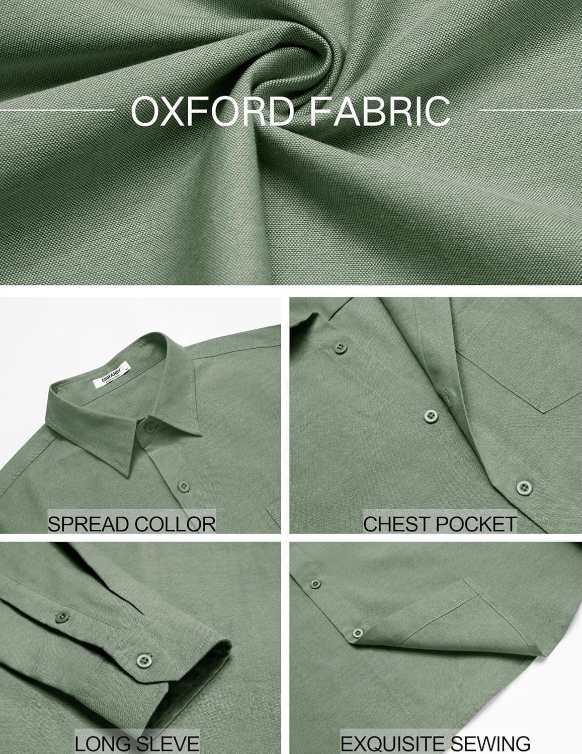 imageCOOFANDY Mens Oxford Shirt Long Sleeve Casual Button Down Shirts Soild Dress Shirts with PocketGreen