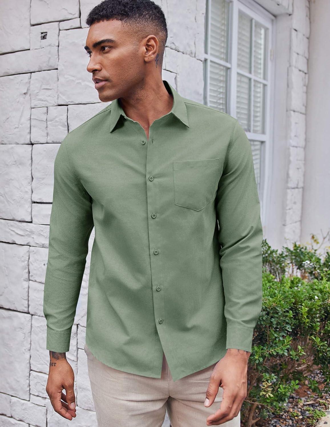 imageCOOFANDY Mens Oxford Shirt Long Sleeve Casual Button Down Shirts Soild Dress Shirts with PocketGreen