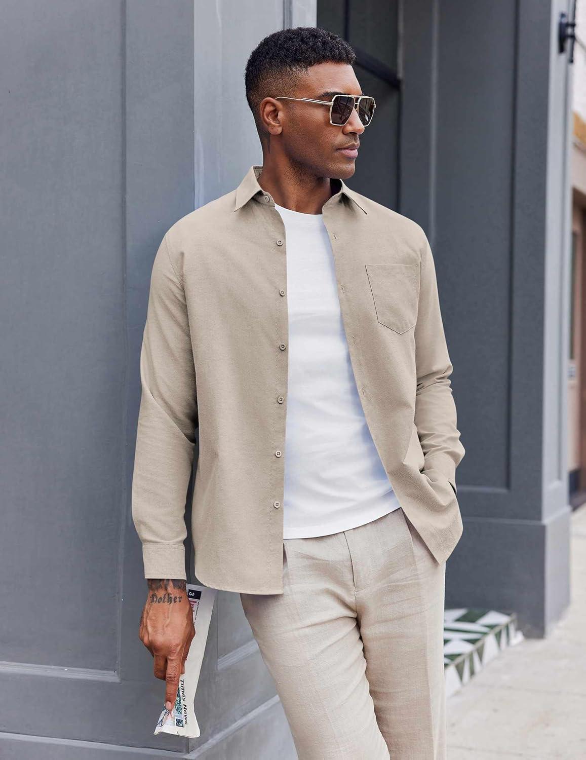 imageCOOFANDY Mens Oxford Shirt Long Sleeve Casual Button Down Shirts Soild Dress Shirts with PocketKhaki