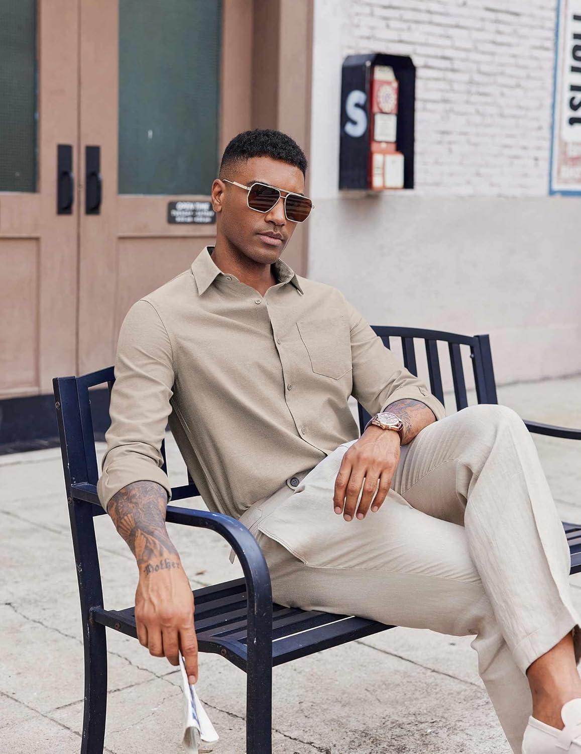 imageCOOFANDY Mens Oxford Shirt Long Sleeve Casual Button Down Shirts Soild Dress Shirts with PocketKhaki