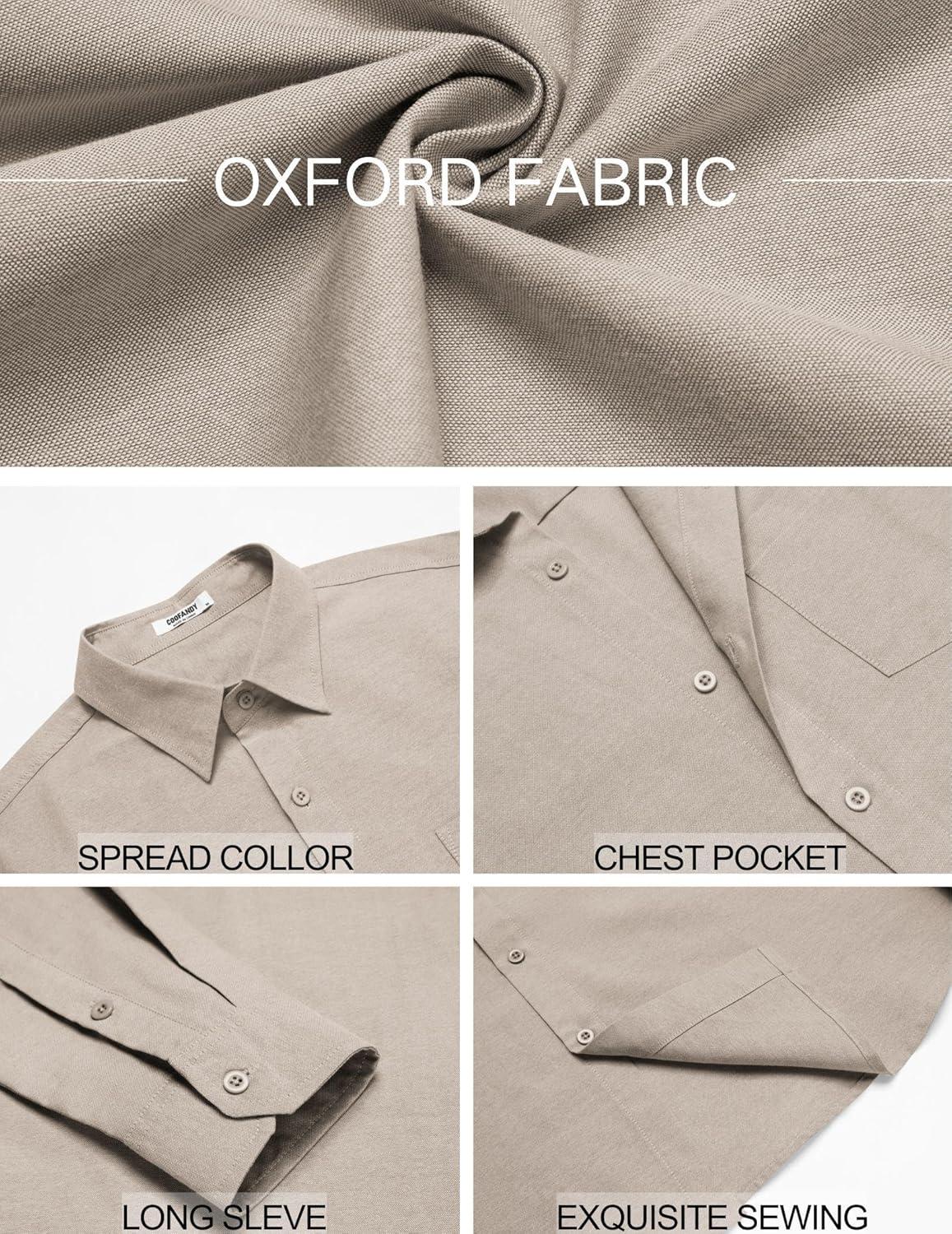 imageCOOFANDY Mens Oxford Shirt Long Sleeve Casual Button Down Shirts Soild Dress Shirts with PocketKhaki