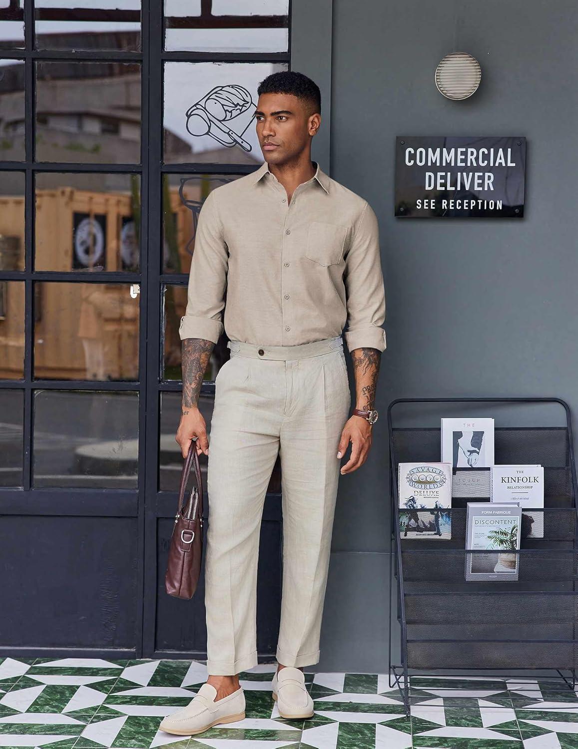 imageCOOFANDY Mens Oxford Shirt Long Sleeve Casual Button Down Shirts Soild Dress Shirts with PocketKhaki