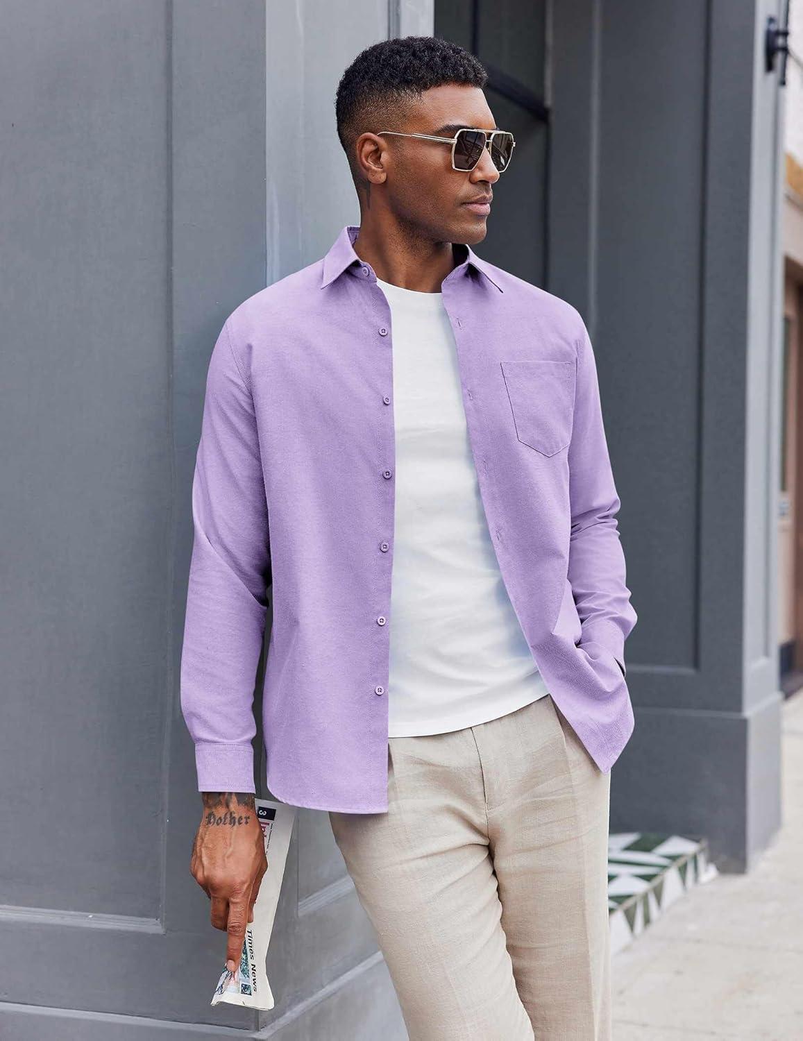 imageCOOFANDY Mens Oxford Shirt Long Sleeve Casual Button Down Shirts Soild Dress Shirts with PocketLavender
