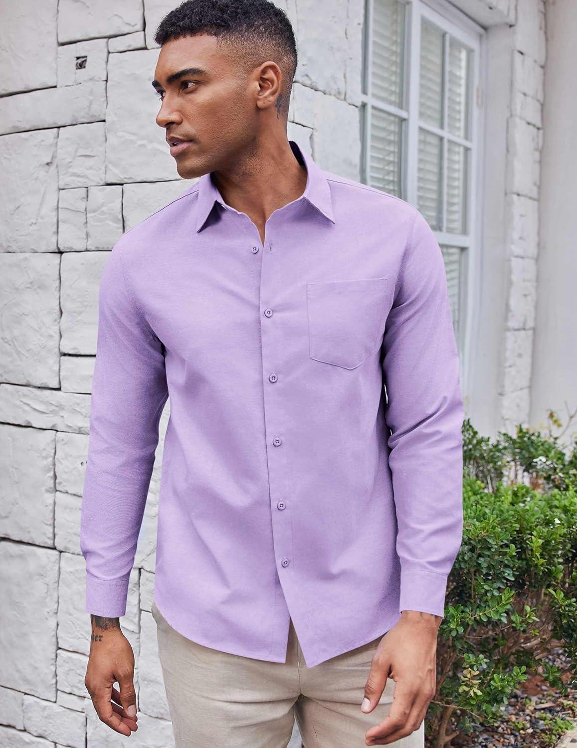 imageCOOFANDY Mens Oxford Shirt Long Sleeve Casual Button Down Shirts Soild Dress Shirts with PocketLavender