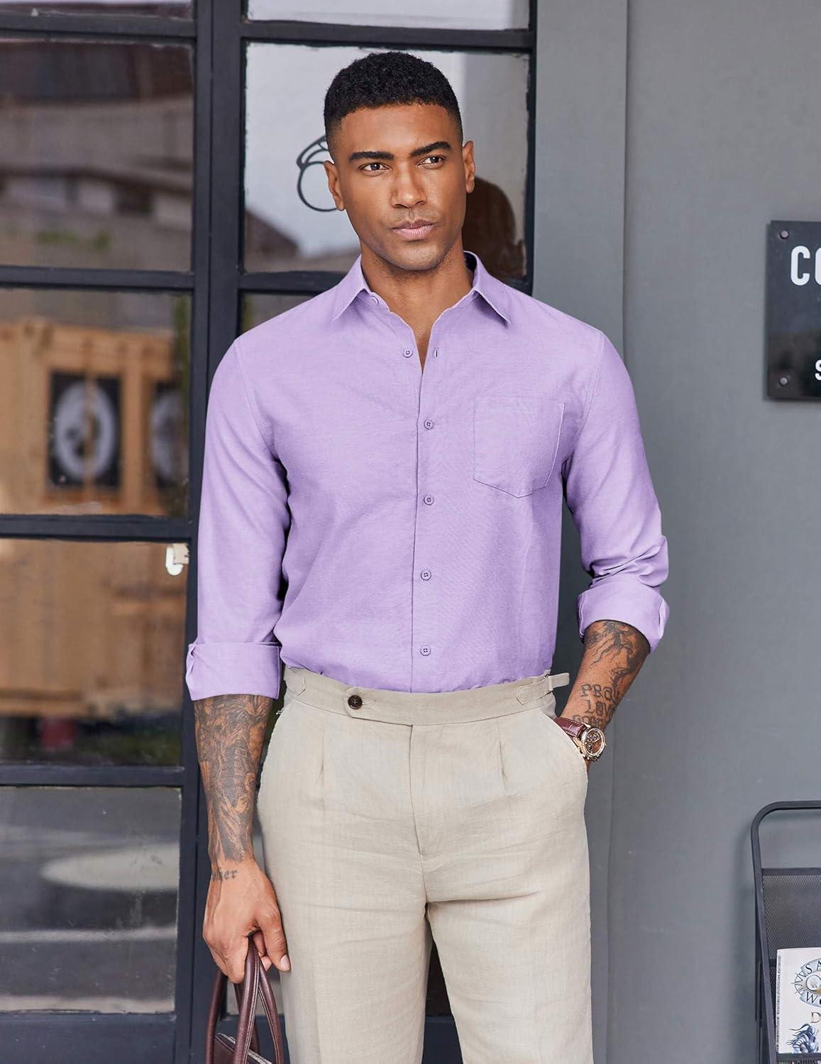 imageCOOFANDY Mens Oxford Shirt Long Sleeve Casual Button Down Shirts Soild Dress Shirts with PocketLavender