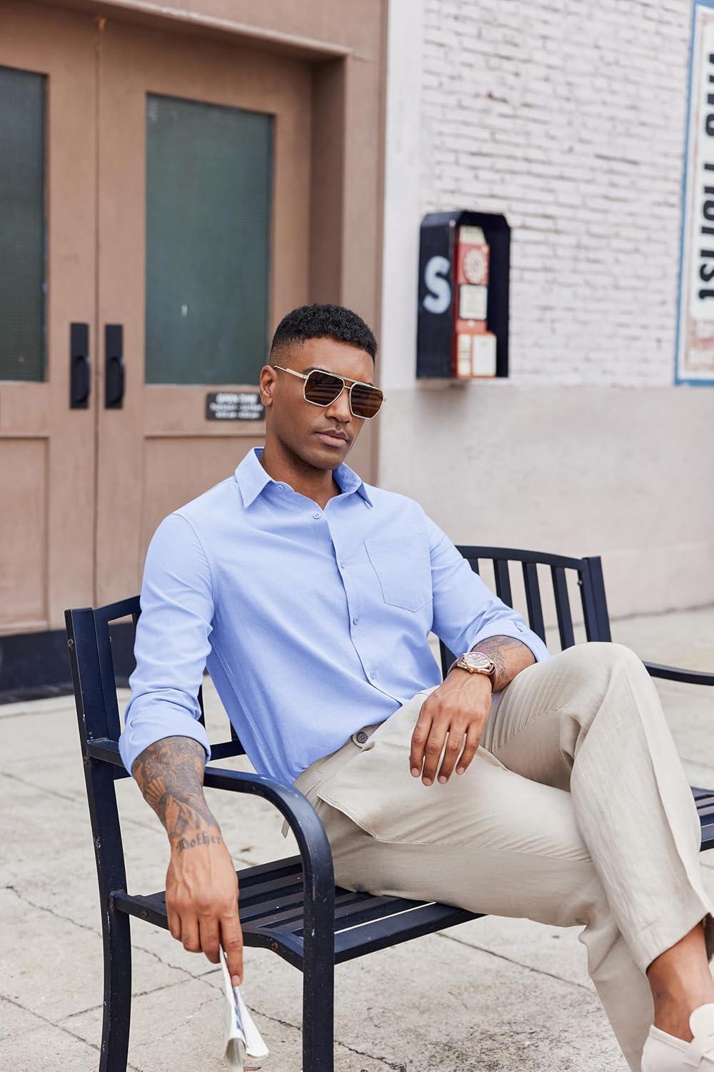 imageCOOFANDY Mens Oxford Shirt Long Sleeve Casual Button Down Shirts Soild Dress Shirts with PocketLight Blue