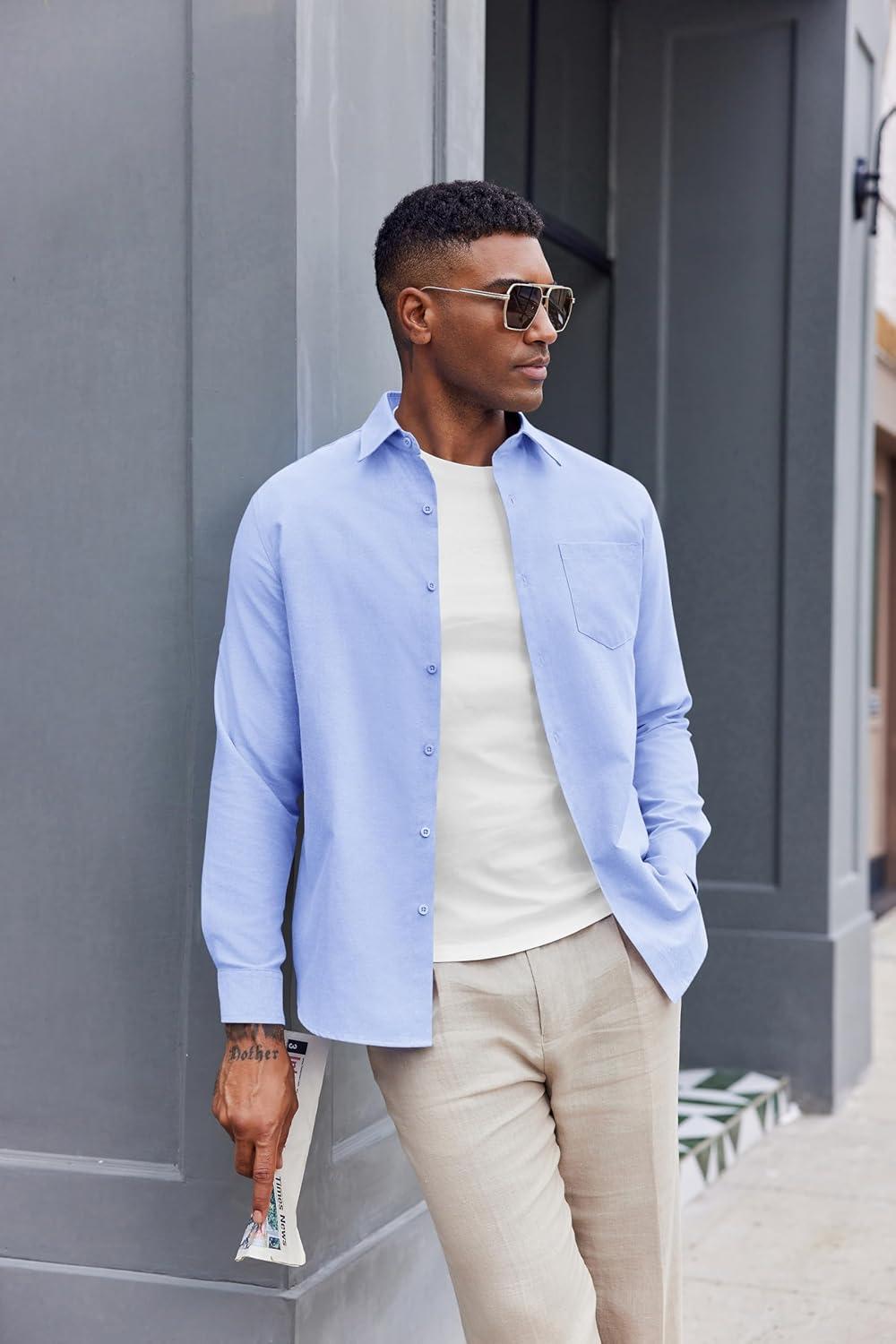 imageCOOFANDY Mens Oxford Shirt Long Sleeve Casual Button Down Shirts Soild Dress Shirts with PocketLight Blue