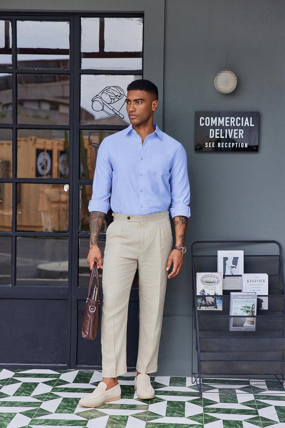 imageCOOFANDY Mens Oxford Shirt Long Sleeve Casual Button Down Shirts Soild Dress Shirts with PocketLight Blue