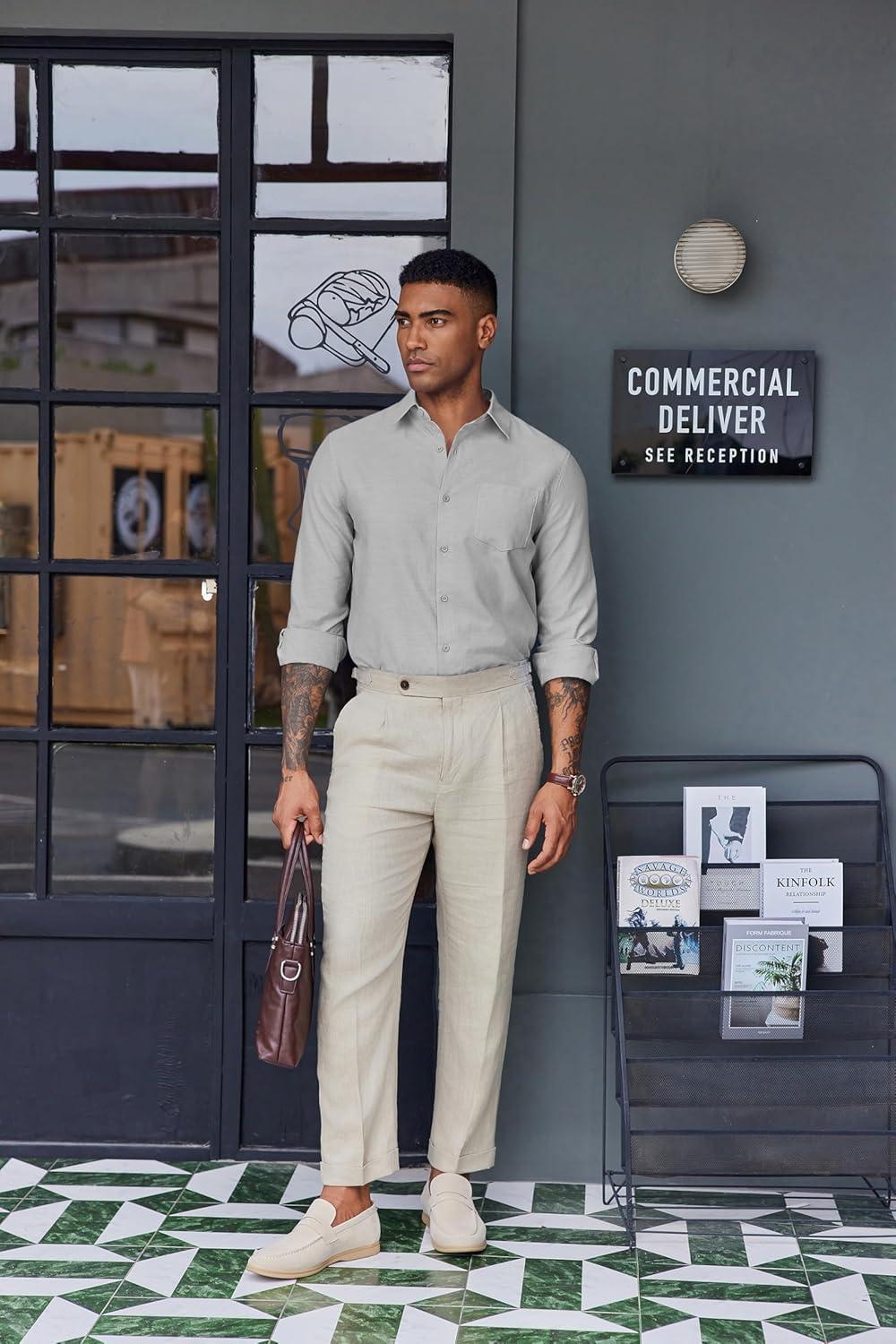 imageCOOFANDY Mens Oxford Shirt Long Sleeve Casual Button Down Shirts Soild Dress Shirts with PocketLight Grey