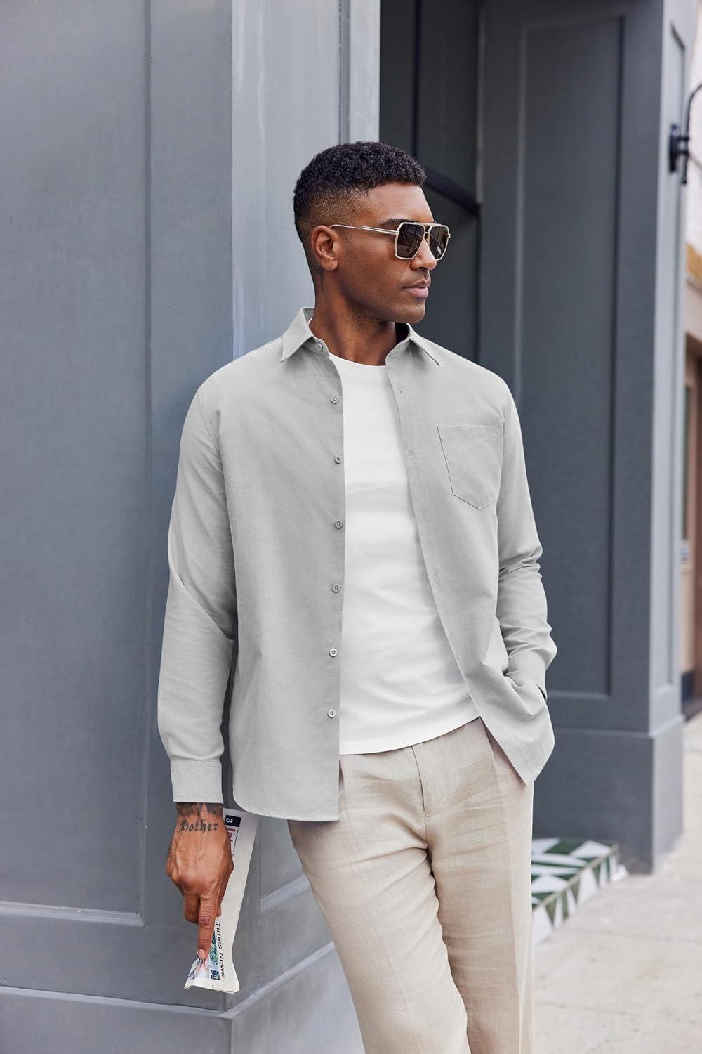 imageCOOFANDY Mens Oxford Shirt Long Sleeve Casual Button Down Shirts Soild Dress Shirts with PocketLight Grey