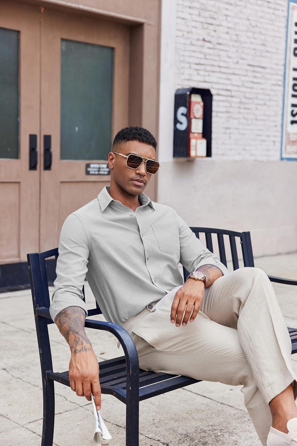 imageCOOFANDY Mens Oxford Shirt Long Sleeve Casual Button Down Shirts Soild Dress Shirts with PocketLight Grey