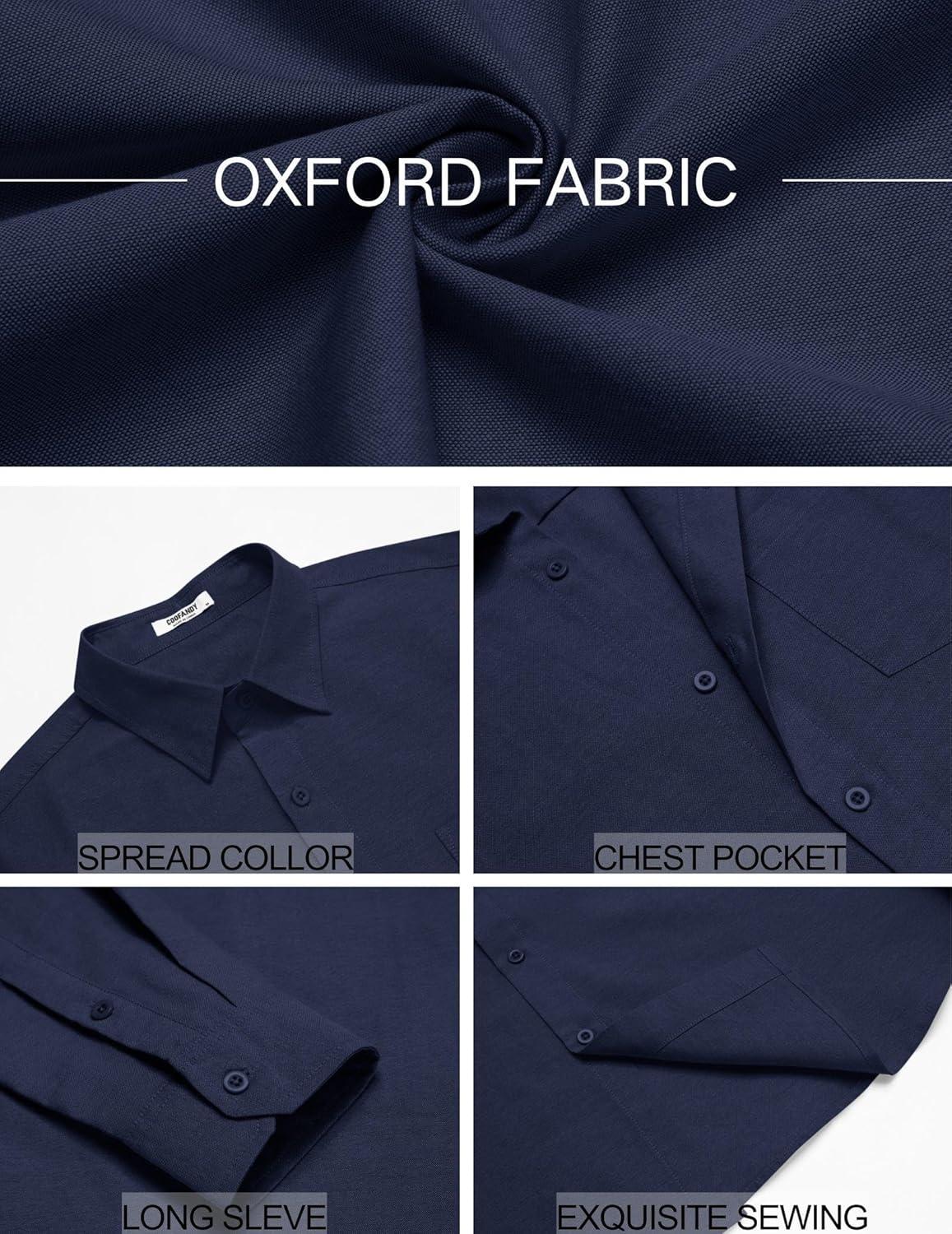 imageCOOFANDY Mens Oxford Shirt Long Sleeve Casual Button Down Shirts Soild Dress Shirts with PocketNavy Blue