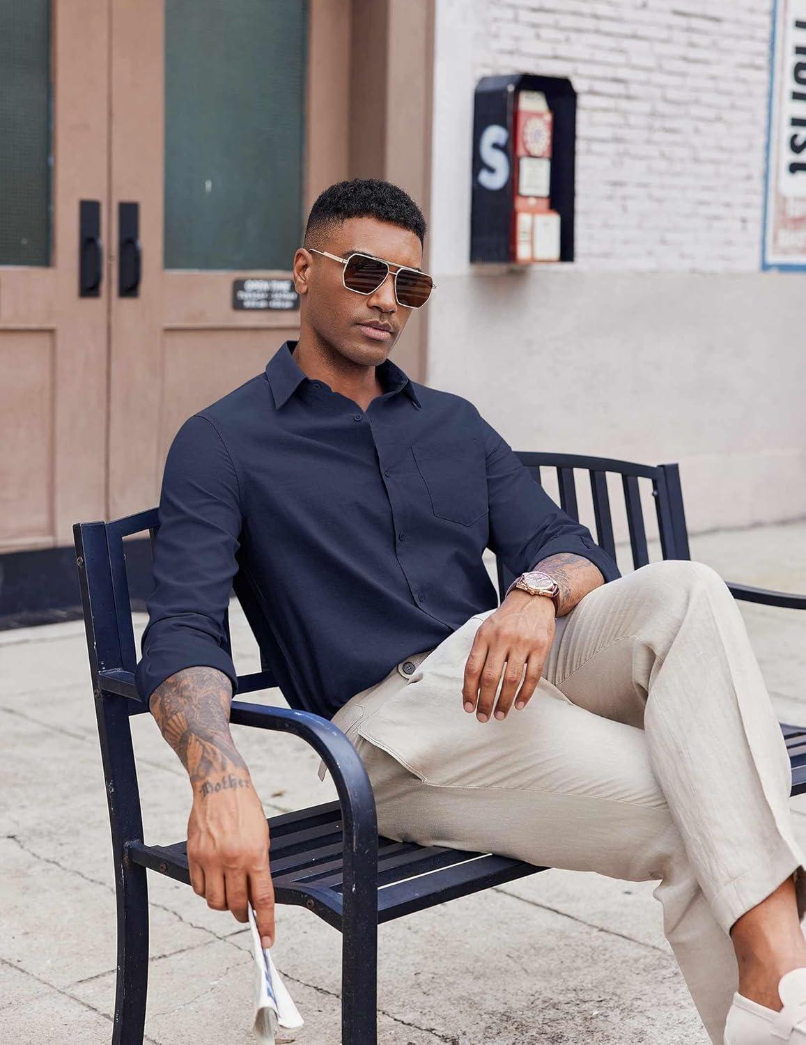 imageCOOFANDY Mens Oxford Shirt Long Sleeve Casual Button Down Shirts Soild Dress Shirts with PocketNavy Blue